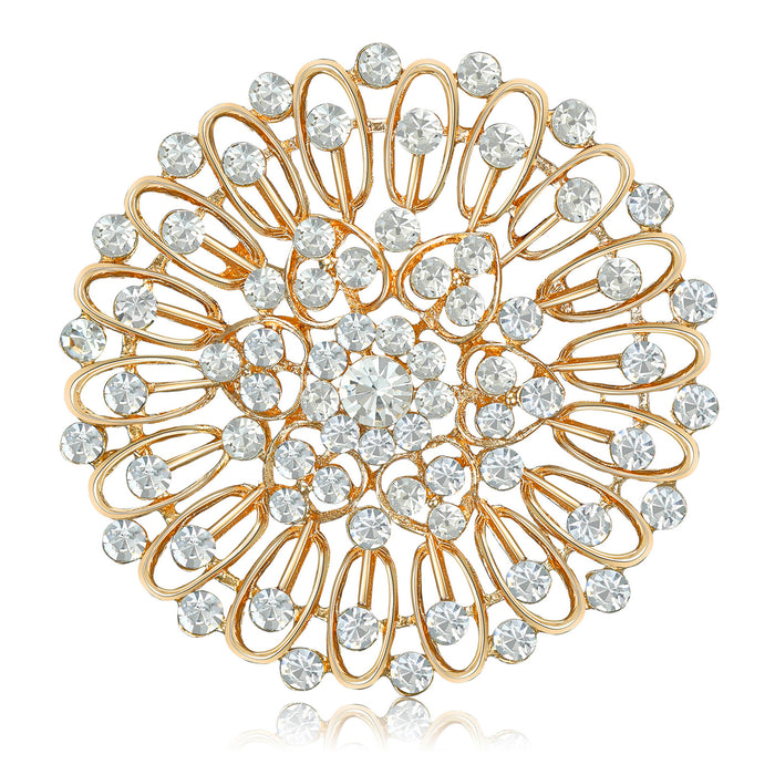 Openwork Crystal Sunburst Round Brooch Silver Gold Tones