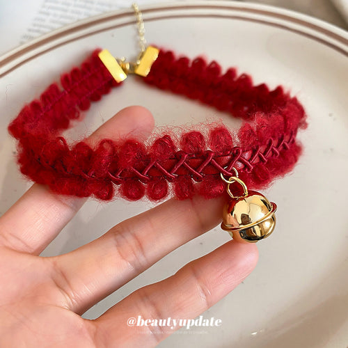 Red Braided Bell Choker Necklace in display box view