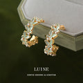 Gold Tone Pale Green White Leaf Half Hoop Stud Earrings view 3
