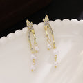 Gold Double Leaf Line Pearl Look Cascade Stud Earrings view 6