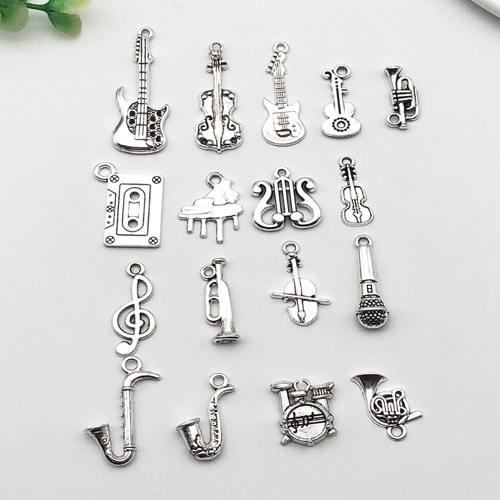 Antique Silver Zinc Alloy Saxophone Violin Music Note Charm Pendant for DIY Jewelry Making