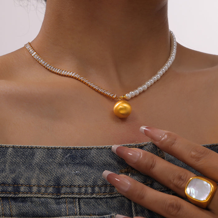 Gold Split Zircon And Imitation Pearl Necklace Matte Ball Pendant