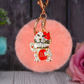 Crystal Lucky Cat Keychains with Faux Fur Pompoms in Sixteen Options view 3