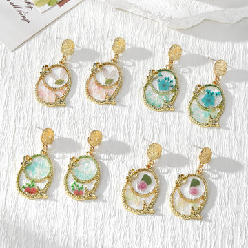 Gold Vintage Frame Dried Flower Resin Drop Earrings Four Styles