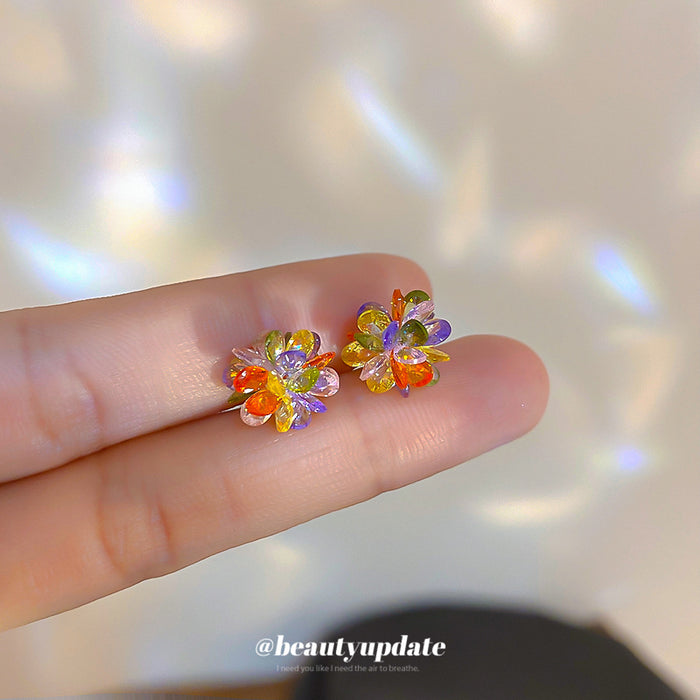 Multicolor Crystal Flower Cluster Stud Earrings Statement Pair