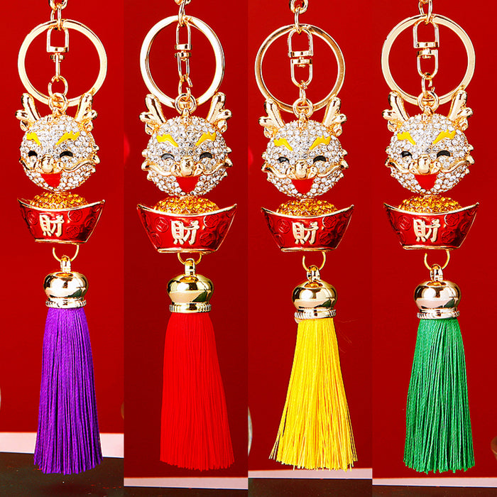 Jeweled Ingot Dragon Tassel Keychains in Six Bright Color Options