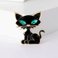 Enamel Cat Brooch Green Crystal Eyes Gold Trim Black White view 2
