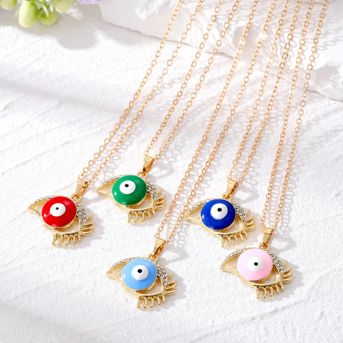 Gold Tone Openwork Lash Enamel Evil Eye Pendant Necklaces