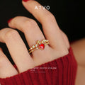 Gold Open Adjustable Red Heart Ring Pearl CZ Flower view 4