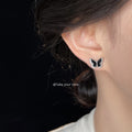 Black Enamel Butterfly Stud Earrings Silver Zircon Border view 2