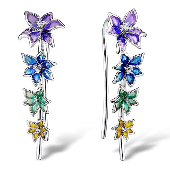 Silver Tone Cascading Enamel Flower Ear Climber Earrings