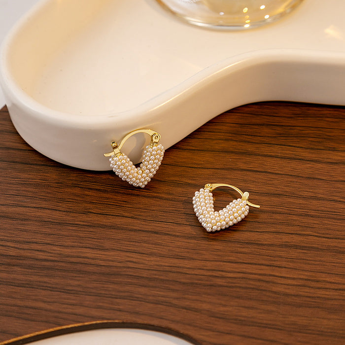 Gold Pearl Heart Huggie Hoop Earrings Seed Bead Cover