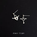 Silver-Tone Aged Winged Heart Lock Key Drop Stud Earrings view 4