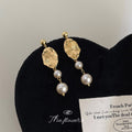 Gold Tone Radiating Oval Medallion Double Pearl Drop Earrings view 3