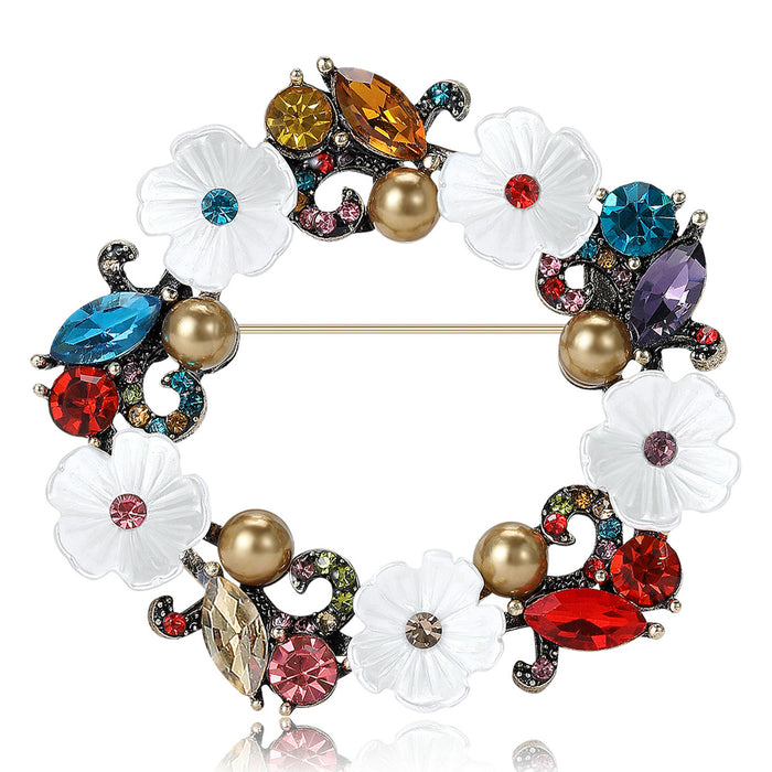 Floral Wreath Brooch White Flowers Pearls Rhinestones