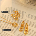 Twisted Geometric Oval Pendant Necklace Chain Link Earrings view 2