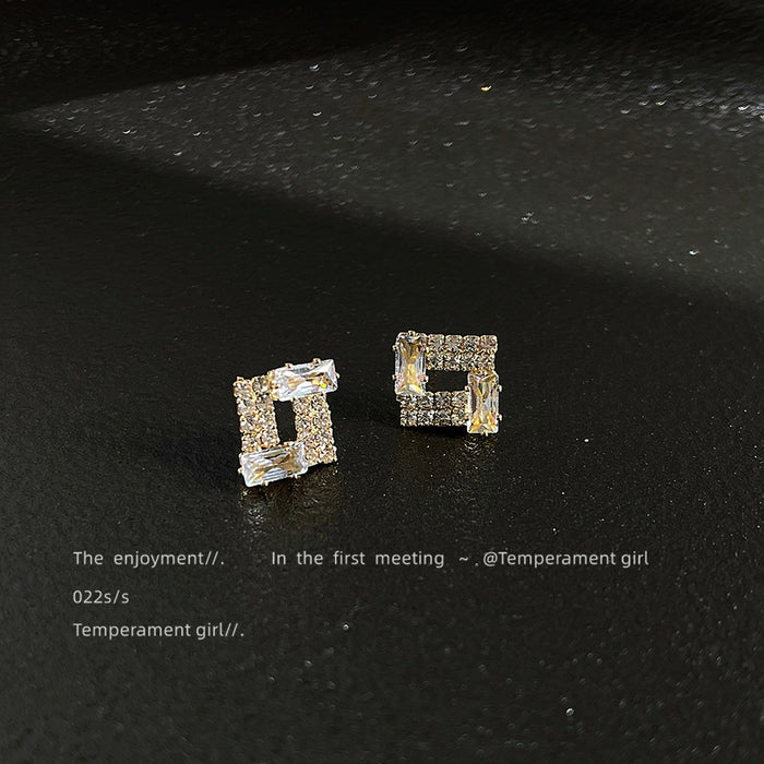 Gold Open Square Geometric Baguette CZ Micro Pave Stud Earrings