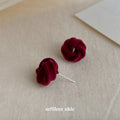 Burgundy Flocked Velvet Twisted Knot Stud Earrings view 4