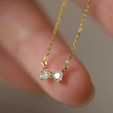Gold Tone Double Heart Bow Clear Stone Pendant Necklace