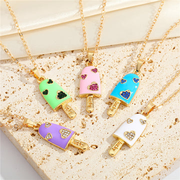 Gold Tone Crystal Heart Ice Pop Pendant Necklaces in Five Colors