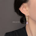 Gold Purple Crystal Long Dangle Earrings Ornate Scroll view 2