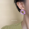 Gold Tone Pink Five Petal Flower Stud Earrings For Women view 2