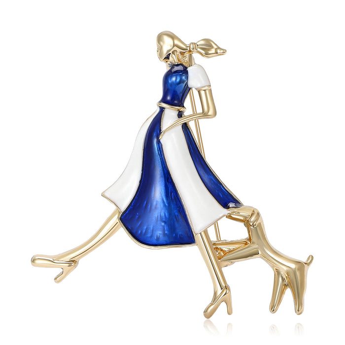 Enamel Girl Walking Dog Brooch Red and Blue Dress Styles