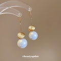 Gold Disc And Pearl Drop Hook Earrings Statement Pair view 1