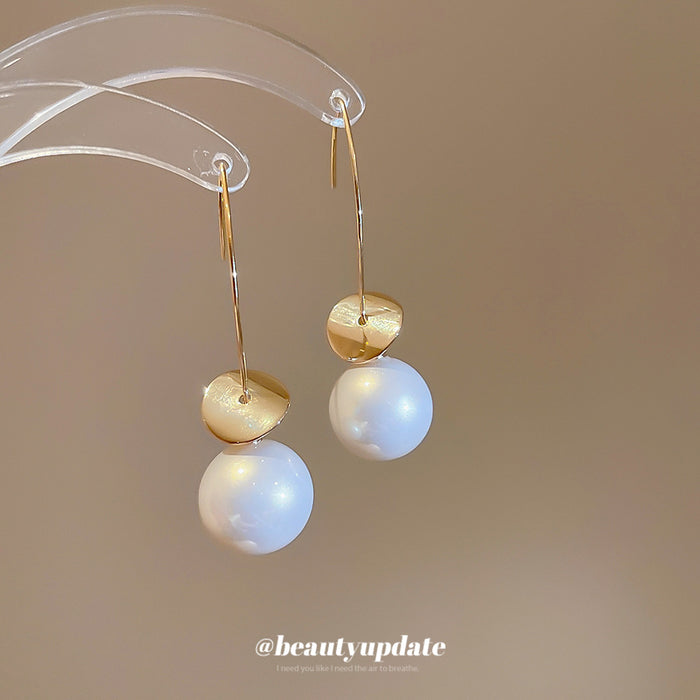 Gold Disc And Pearl Drop Hook Earrings Statement Pair