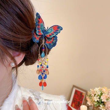 Red Ribbon Bow Butterfly Multicolor Tassel Hair Clips