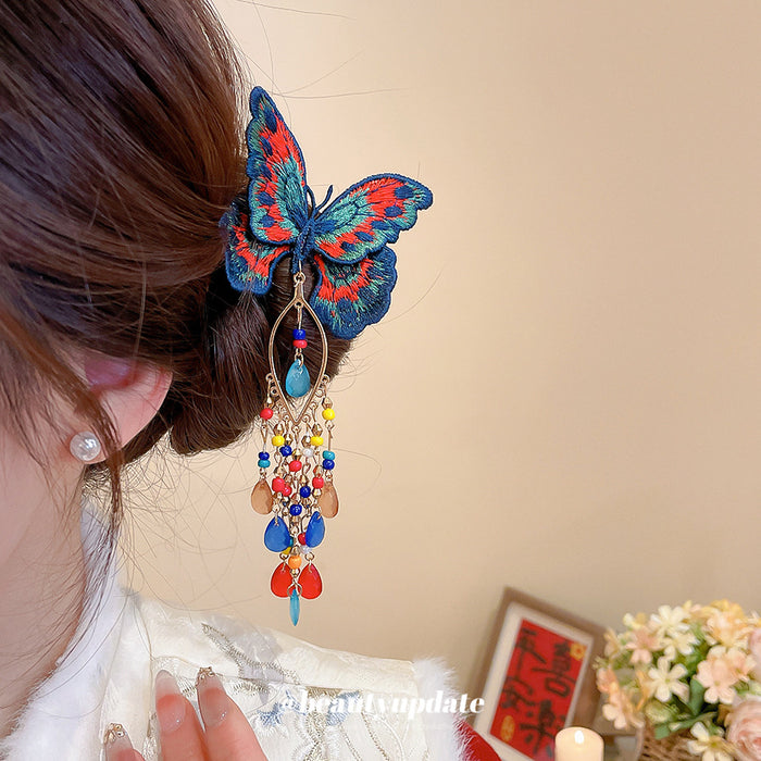 Red Ribbon Bow Butterfly Multicolor Tassel Hair Clips