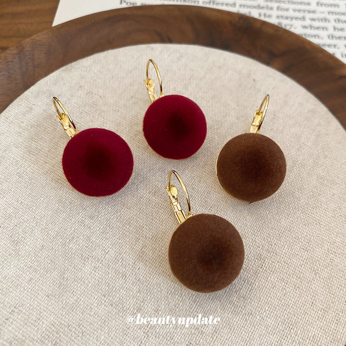 Velvet Round Drop Lever Hook Earrings In Brown And Deep Red
