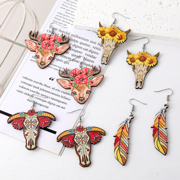 Silver Tone Western Cow Skull and Feather Acrylic Hook Earrings