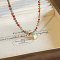 Multicolor Seed Bead Necklace Square White Pendant Gold view 4