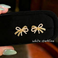 Gold Micro Pavé Crystal Rope Texture Bow Stud Earrings view 4