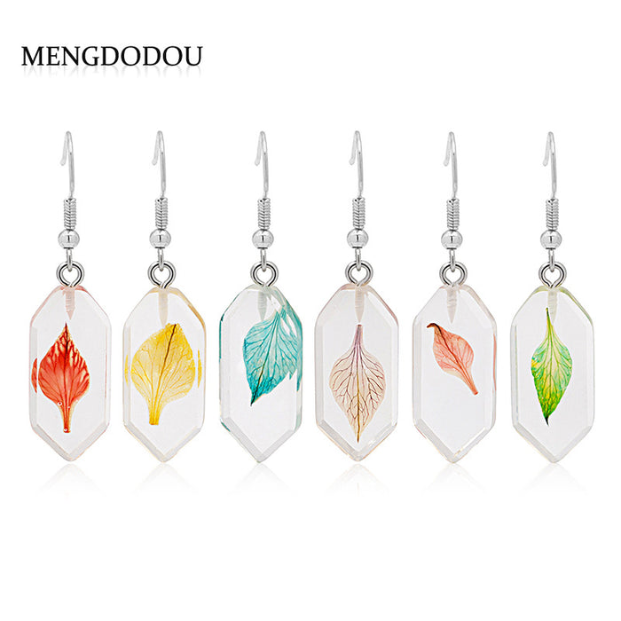 Clear Resin Hexagon Leaf Drop Earrings Red Teal Beige Peach
