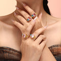Gold Open Ring Pink Emerald-Cut Zircon Side Accents view 4