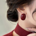 Wine Red Oval Resin Stud Geometric Statement Earrings view 4
