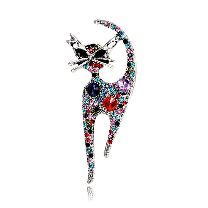 Red Silver Tone Cat Crystal Two Designs Metal Brooch Pin