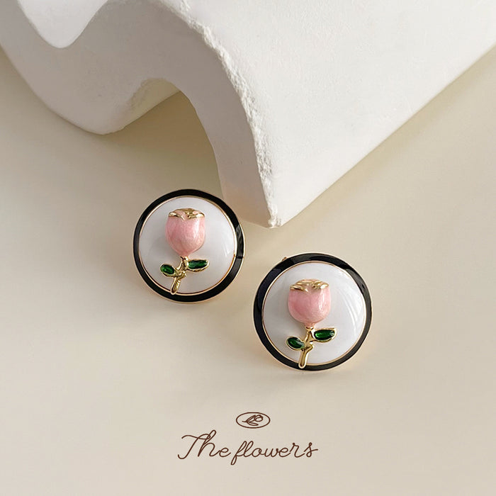 Round Disc Pink Enamel Rose Green Leaf Black Rim Stud Earrings