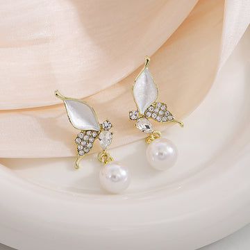 White Butterfly Pearl Look Gold Tone Dangle Stud Earrings
