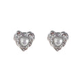 Silver Tone Liquid Ripple Heart White Pearlescent Center Stud Earrings view 5