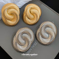 Large Ridged Spiral Disc Statement Stud Earrings in Two Tones view 4