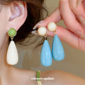 Long Teardrop Earrings in Ivory Green and Bright Blue Colorways view 2