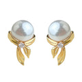 Gold-Tone White Pearl Stud Earrings With Bow And Crystal view 5