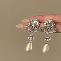 Silver Tone Floral Cluster Earrings with Pearl Tassel Drops view 2