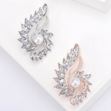 Winged Faux Pearl Rhinestone Brooch in Two Finishes