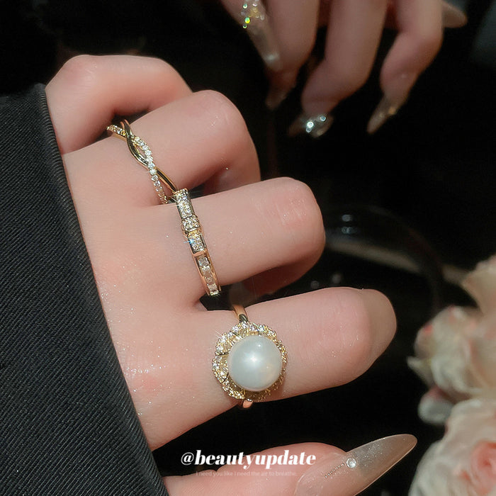 Pearl Flower Bow Twist Open Rings Gold Silver 3 Styles