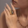 Gold Teardrop Wood Grain Stone Ring Bold Dome Band Size Seven view 3