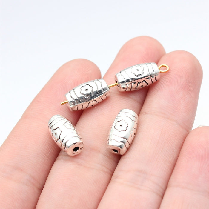 Floral Long Tube Spacer Bead in Antique Silver Metal Finish